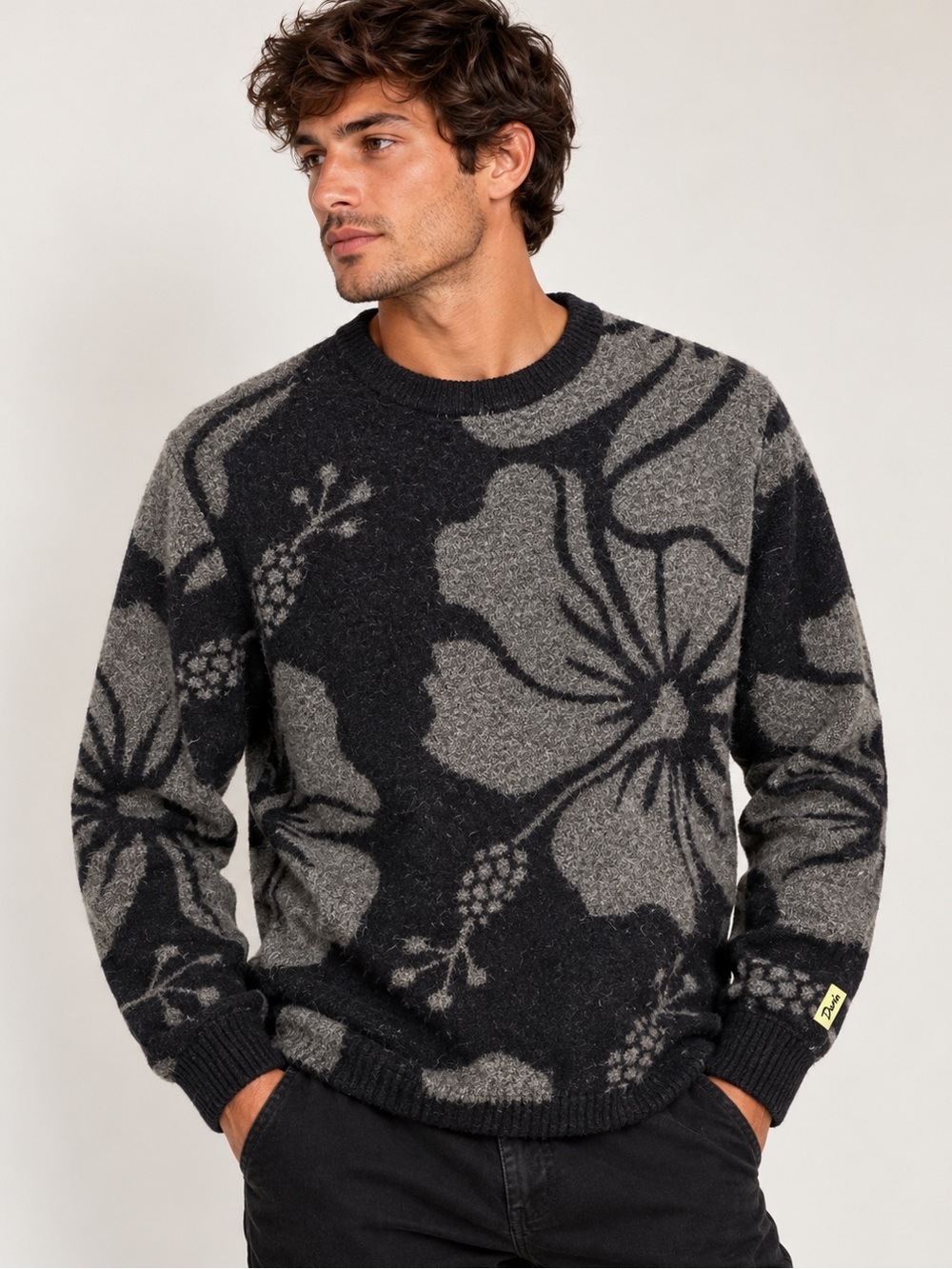 Duvin Men’s Floral Knit Sweater Black Gray Botanical Crewneck Pullover S